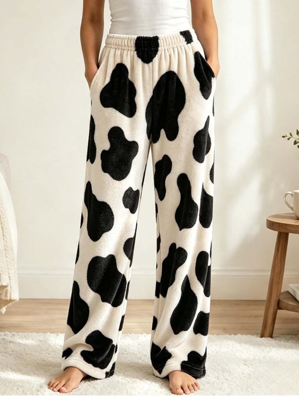 Cozy Fleece Cow-Print Plush Lounge Pants